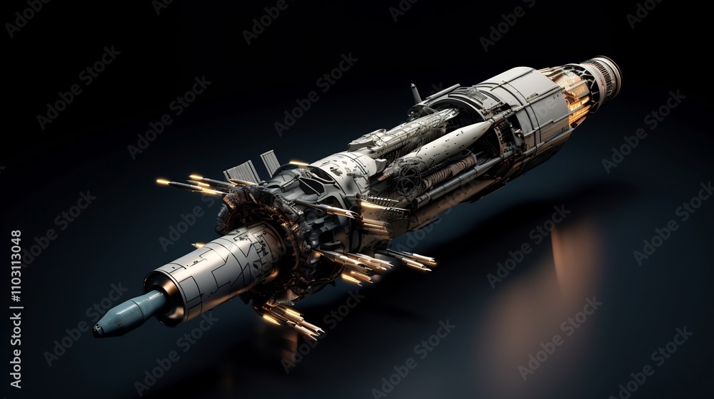 Poster highly detailed and 3d rendering of a complex futuristic missile design with intricate engineering f
