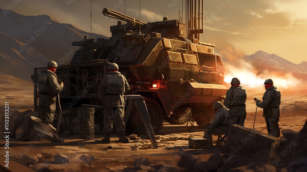 Poster a squad of well equipped soldiers meticulously preparing a mobile missile launcher system for immine