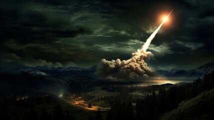Fototapeta premium A powerful missile intercept system firing its projectiles in a dramatic night sky showcasing advanced military technology and defensive capabilities against aerial threats