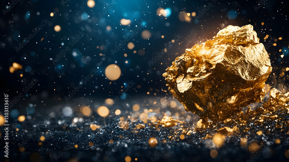 Poster a shimmering gold rock surrounded by sparkling particles against a blue backdrop, creating a captiva