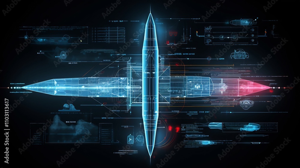 Poster futuristic missile system concept design featuring glowing technical blueprints and digital lines sh