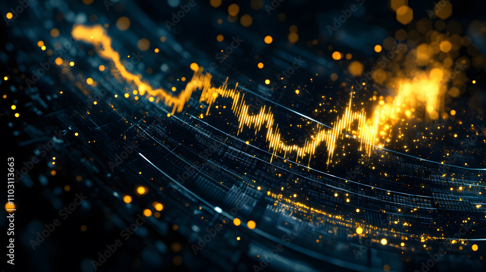 Poster An abstract digital background featuring a dynamic golden line graph against a dark, sparkly backdrop, evoking a sense of energy and movement