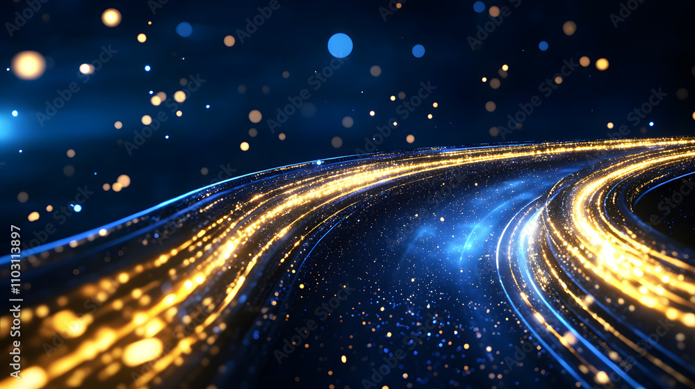 Poster A vibrant, swirling pattern of golden light against a blue backdrop, creating a sense of motion and depth with sparkling particles