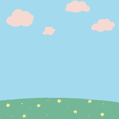Clear sky, pink clouds, stars on green grass