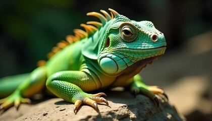 A green iguana with detailed scales and vibrant eyes, resting on a sunlit rock