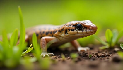 Obraz premium A small brown skink in a grassy area