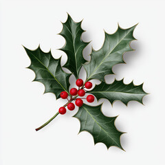 a decorative holly branch with berries, A vibrant holly leaf with bright red berries, perfect for festive decorations and seasonal illustrations.