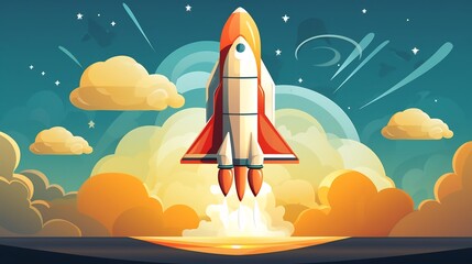 Whimsical digital depicting a missile transforming into a sleek futuristic spaceship in a vibrant surreal cosmic landscape