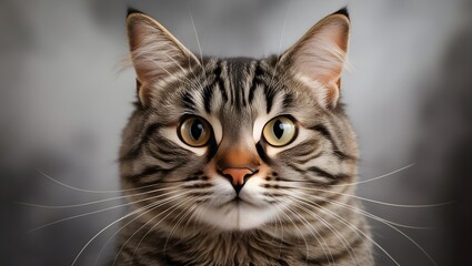 Obraz premium Close-up portrait of a cute, young tabby cat with bright green eyes