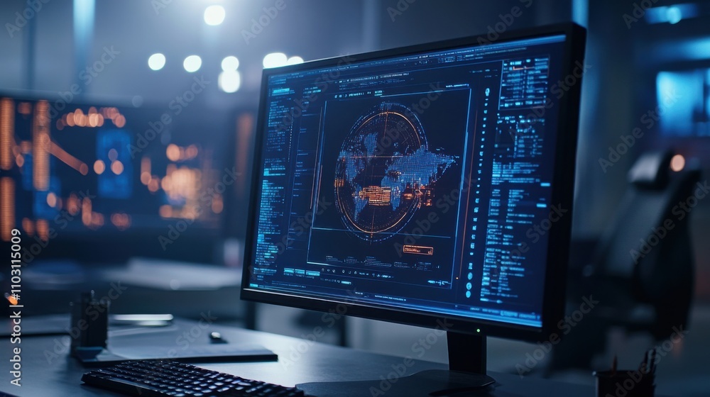 Poster high-tech control room with data visualization on computer screen