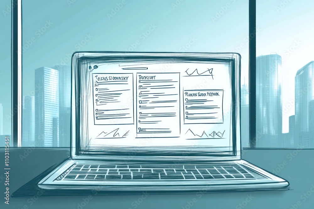 Poster a laptop displaying a project management interface with a cityscape backdrop.
