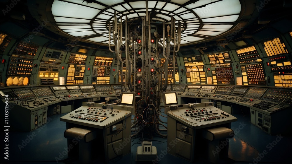 Poster intricate control room of a nuclear power facility with advanced monitoring screens panels and techn