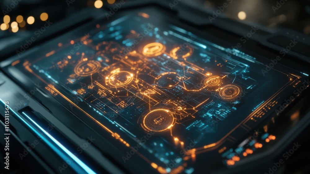 Poster futuristic dashboard interface with glowing data visualization