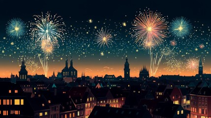 Naklejka premium Vibrant New Year banner featuring fireworks explosion background on a colorful night sky,perfect for web or print card, poster. Flat style vector art. 