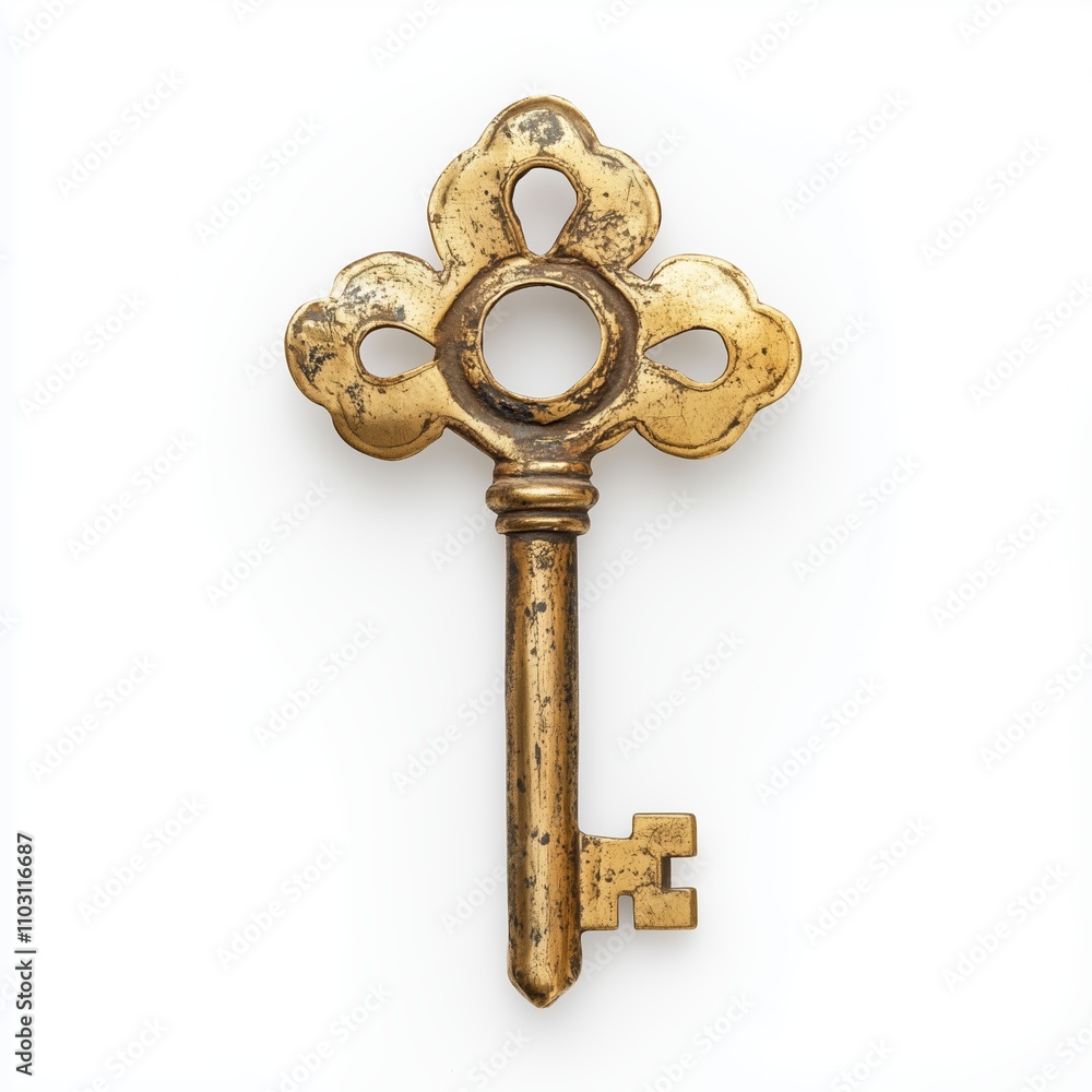 Poster vintage brass key with ornate design resting on a white background in a studio setting