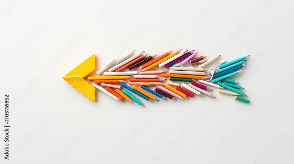 Poster a playful arrow made of everyday objects, such as pencils, paperclips, or string, adding a touch of 