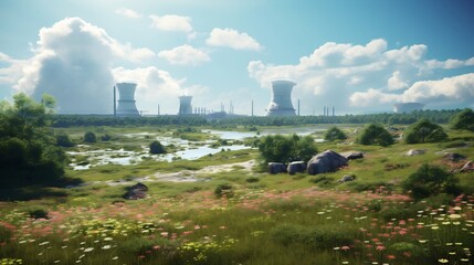 Obraz premium Serene and Tranquil Nature Reserve Coexisting Peacefully Alongside a Nuclear Power Facility in a Striking Landscape Juxtaposition