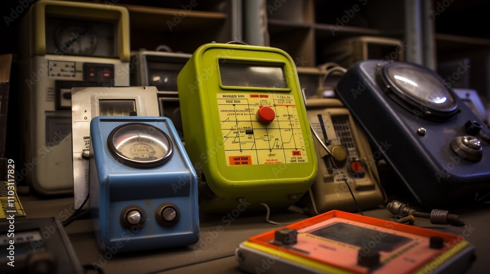 Poster detailed close up view of various radiation detection devices and their digital readings showcasing 