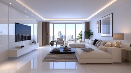 2409_027.3d rendering architectural visualization of a stylish modern family room for  minimal townhome, front elevation view, advanced model full scene, 800 mm, tint shift, elegant lighting with