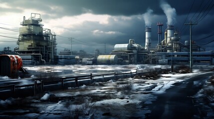 Obraz premium A bustling industrial landscape surrounding a large nuclear power facility with towering structures smokestacks and a cityscape skyline in the background