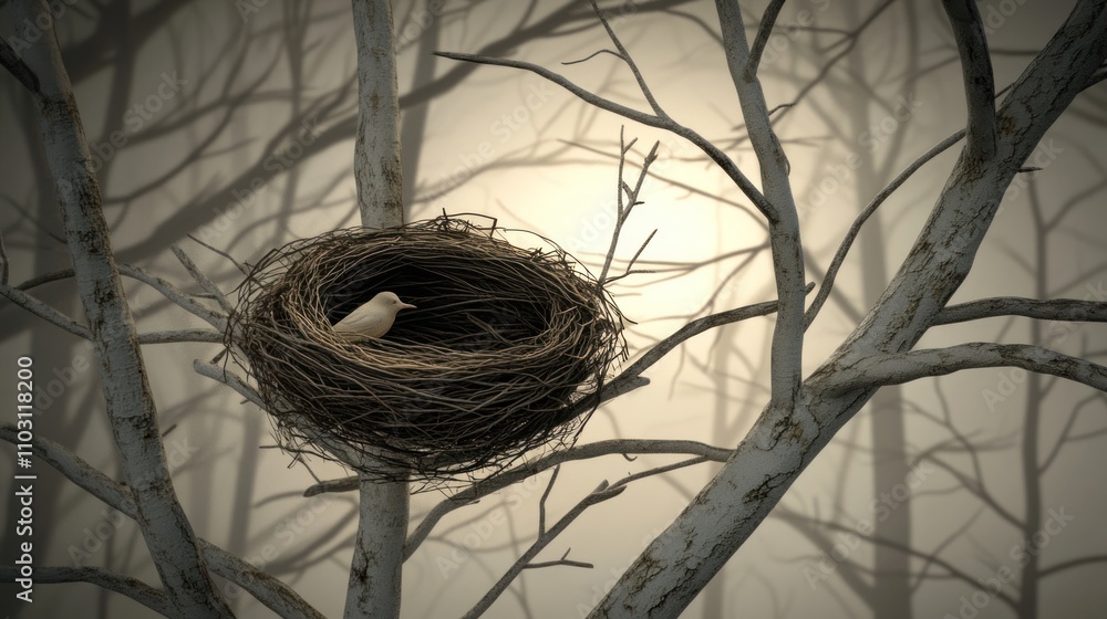 Aufkleber a serene bird's nest perched on a tree branch, illuminated by soft light in a misty forest.