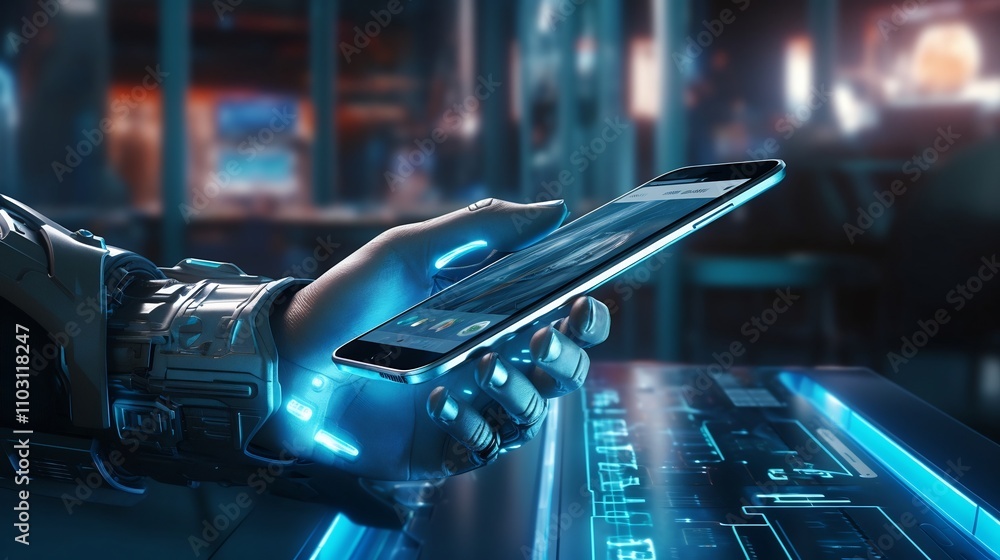 Poster futuristic image of a robotic hand delicately interacting with a smartphone screen in a sleek high t