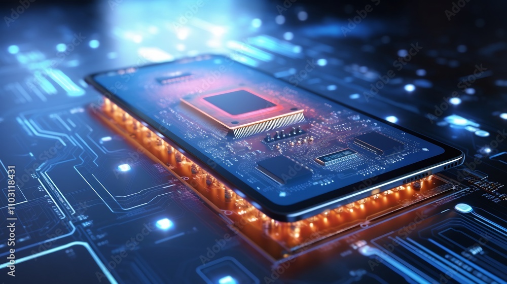 Aufkleber glowing luminescent microchip or integrated circuit inside a smartphone