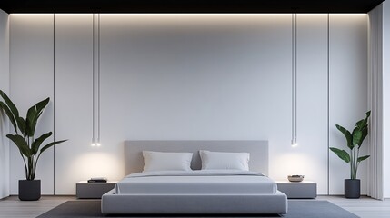 2409_036.3d rendering architectural visualization of a stylish modern bedroom for  lobby, front elevation view, advanced model full scene, 800 mm, tint shift, elegant lighting with pendant lamps,