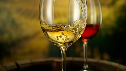 Close-up of white wine pouring into glass on vineyards , freeze motion