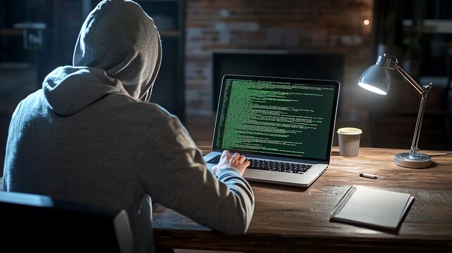 Hacker in hoodie coding at night on laptop.