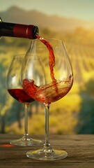 Close-up of red wine pouring into glass on vineyards , freeze motion