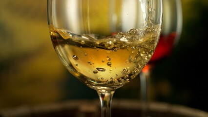Close-up of white wine pouring into glass on vineyards , freeze motion