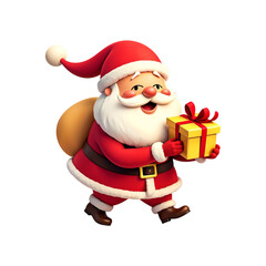 Fototapeta premium 3d cartoon Santa Claus with gift box isolated on transparent background. Santa png. Christmas. New year
