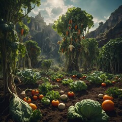 A surreal painting where vegetables grow as trees in a fantasy landscape.