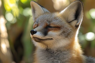 Obraz premium Fox basking in sunlight with a relaxed expression, suitable for wildlife-themed posters, nature wallpapers, and educational illustrations.