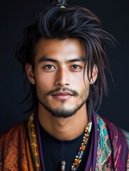 Fototapeta premium Portrait of a young Bhutanese man with a beard with a thoughtful expression, soft studio lighting on a dark background