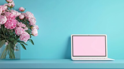A minimalist workspace with a pastel blue desk, a white laptop, and a bouquet of pale pink peonies, creating a calm and inspiring environment for productivity.