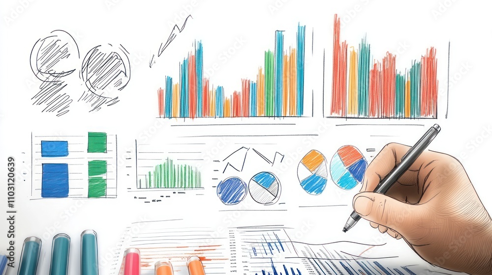 Aufkleber a hand sketching graphs and charts, illustrating data analysis and business insights.