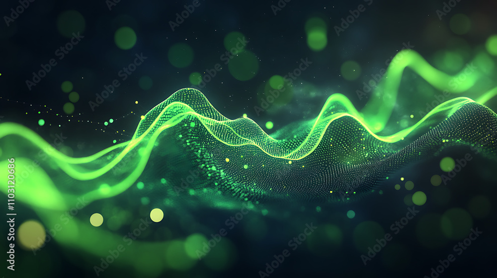 Poster vibrant green wave pattern with glowing particles creates dynamic visual effect, evoking sense of en