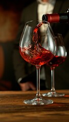 Close-up of red wine pouring into glass in wine cellar , freeze motion.