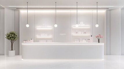 Fototapeta premium 2409_066.3d rendering architectural visualization of a stylish modern sample station for cosmetics retailer, front elevation view, advanced model full scene, 800 mm, tint shift, elegant lighting