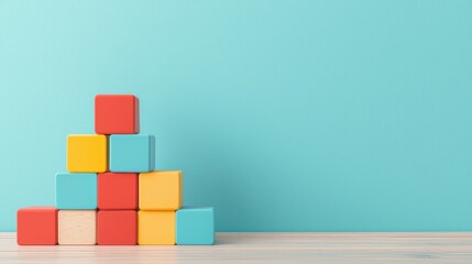 A stack of colorful building blocks in red, blue, and yellow, arranged in a pyramid shape, representing creativity, learning, and early childhood development.