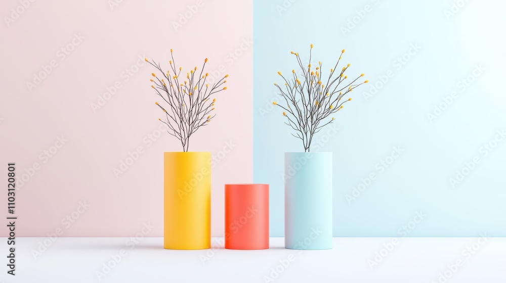 Poster a minimalist still life composition featuring three primary colored objects against a white backgrou