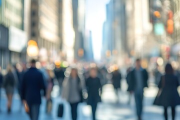 Blurred urban scene with walking people and city backdrop