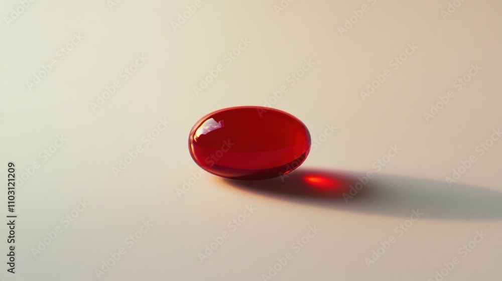 Poster a glossy red capsule on a soft surface, casting a shadow.