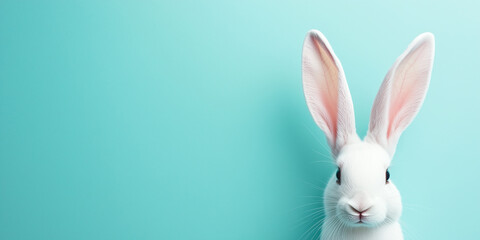 Obraz premium White rabbit on blue background with copy space. Easter background. Generated AI