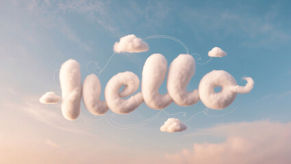 Fluffy Hello in the Clouds Against a Dreamy Pink and Blue Gradient Sky