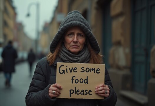 A female beggar crying with tears, holding a sign Give some food please