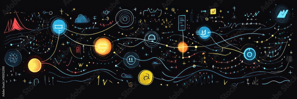 Poster abstract illustration depicting interconnected elements representing technology and data flow.