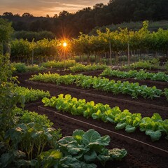 vA vegetable garden at sunset with glowing plants.
